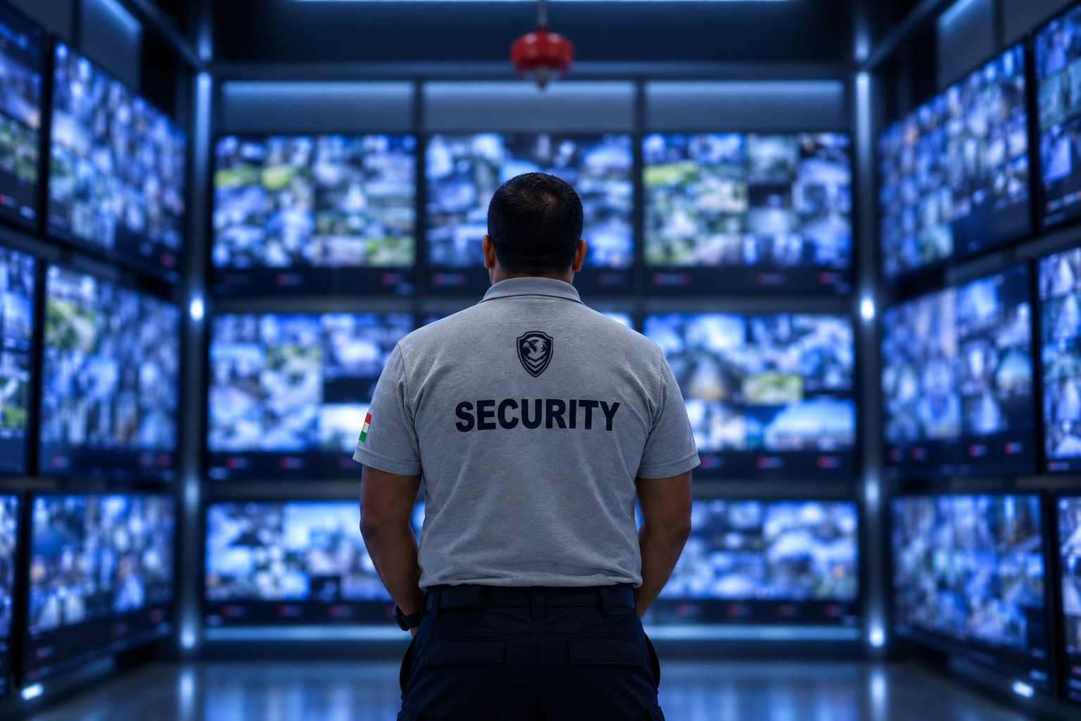 Security operator monitoring multiple CCTV screens in a control room